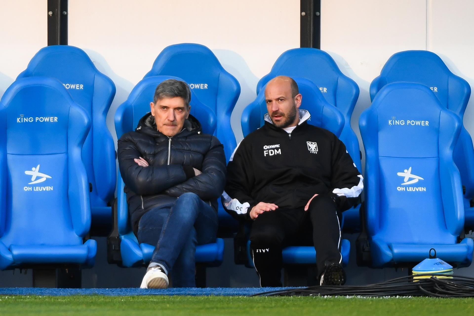 STVV's head coach Felice Mazzu and STVV's assistant coach Frederic De Meyer pictured before a soccer match between Oud-Heverlee Leuven and Sint-Truiden VV, Sunday 16 March 2025 in Heverlee, on day 30 of the 2024-2025 season of the 'Jupiler Pro League' first division of the Belgian championship. BELGA PHOTO JILL DELSAUX