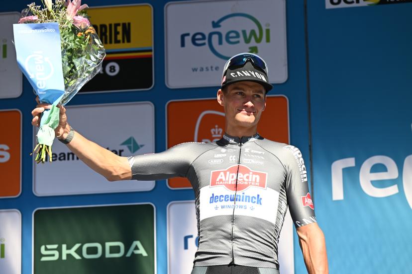 Dutch Mathieu van der Poel of Alpecin-Deceuninck pictured on the podium after the fifth and last stage of the 'Renewi Tour' multi-stage cycling race, 185km from and to Leuven on Sunday 24 August 2025. The five-day race takes place in Belgium and the Netherlands.  BELGA PHOTO DAVID PINTENS