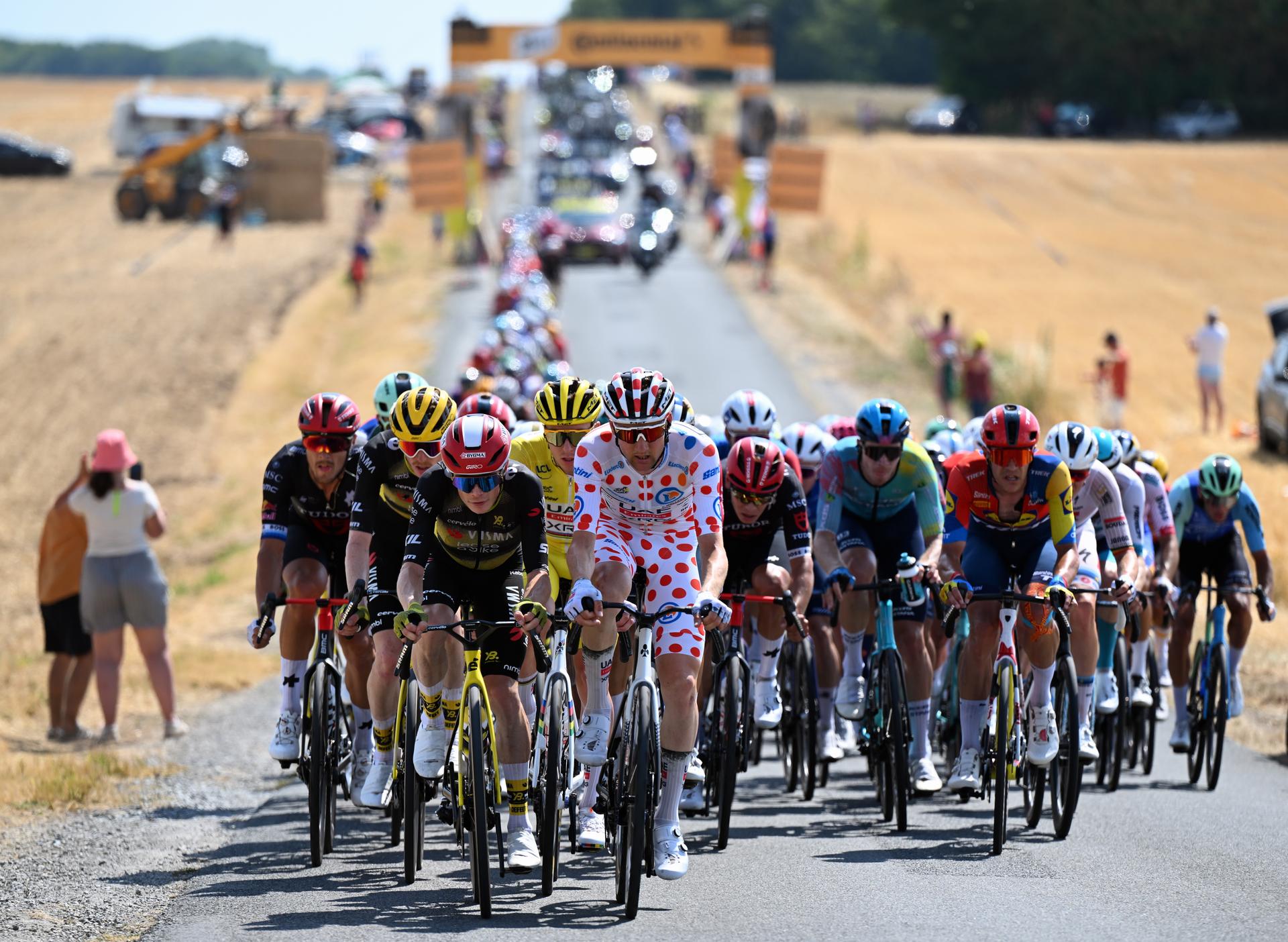Danish Jonas Vingegaard Hansen of Team Visma-Lease a Bike, Slovenian Tadej Pogacar of UAE Team Emirates, Belgian Tim Wellens of UAE Team Emirates, Belgian Jasper Stuyven of Lidl-Trek and Belgian Tim Merlier of Soudal Quick-Step pictured in action during stage nine of the 2025 Tour de France cycling, from Chinon to Chateauroux (170 km), on Sunday 13 July 2025 in France. The 112th edition of the Tour de France starts on Saturday 5 July in Lille, France, and will finish in Paris, France on the 27th of July. BELGA PHOTO POOL  POOL PETE GODING