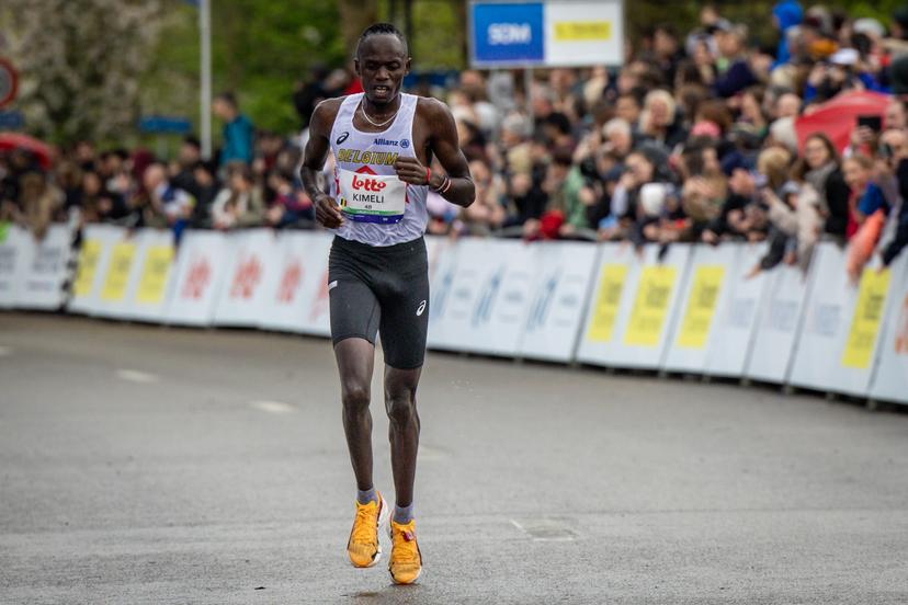 Belgian Isaac Kimeli crosses the finish line with the third time at the men 10km race at European Running Championships, in Leuven, Sunday 13 April 2025. BELGA PHOTO DAVID PINTENS