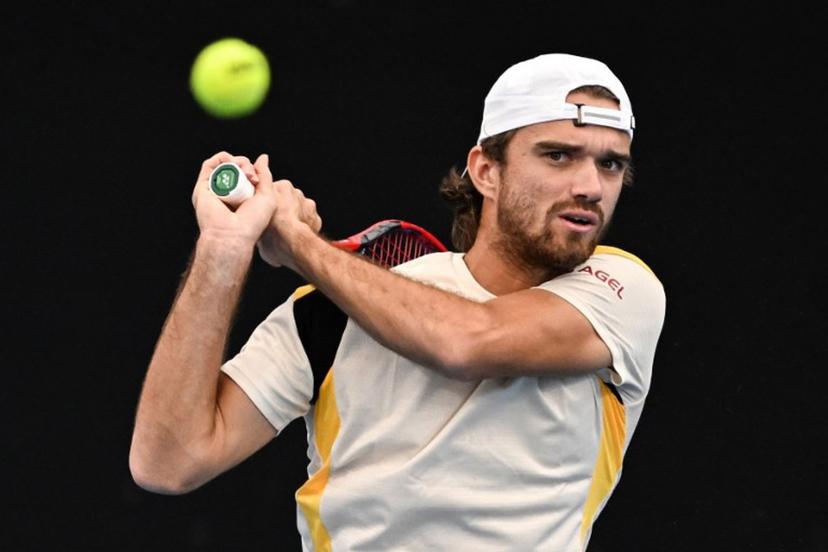 Czech Republic's Tomas Machac hits a shot against France's Ugo Humbert in their men's singles final match at the Adelaide International tennis tournament in Adelaide on January 17, 2026.   Michael ERREY / AFP