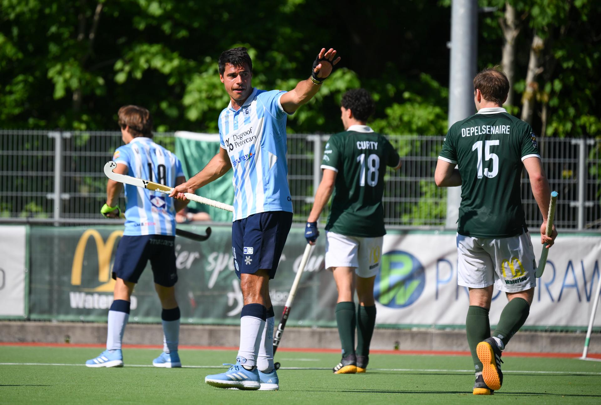 Gantoise's Alexander Hendrickx pictured during a hockey game between Waterloo Ducks and Gantoise, Thursday 01 May 2025 in Waterloo, on day 20 of the Belgian first division hockey championship. BELGA PHOTO JOHN THYS