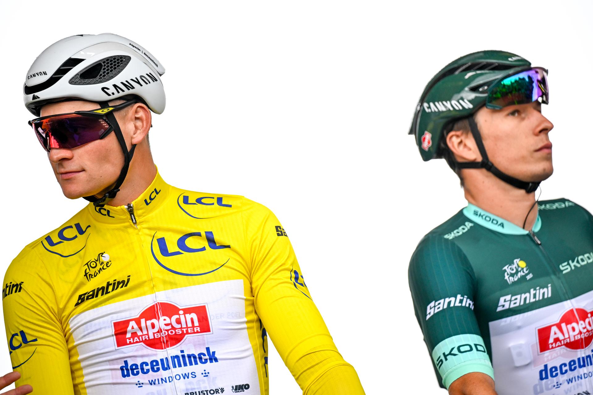 Dutch Mathieu van der Poel of Alpecin-Deceuninck and Belgian Jasper Philipsen of Alpecin-Deceuninck pictured at the start of the third stage of the 2025 Tour de France cycling, from Valenciennes to Dunkerque (178 km) on Monday 07 July 2025 in France. The 112th edition of the Tour de France starts on Saturday 5 July in Lille, France, and will finish in Paris, France on the 27th of July. BELGA PHOTO JASPER JACOBS