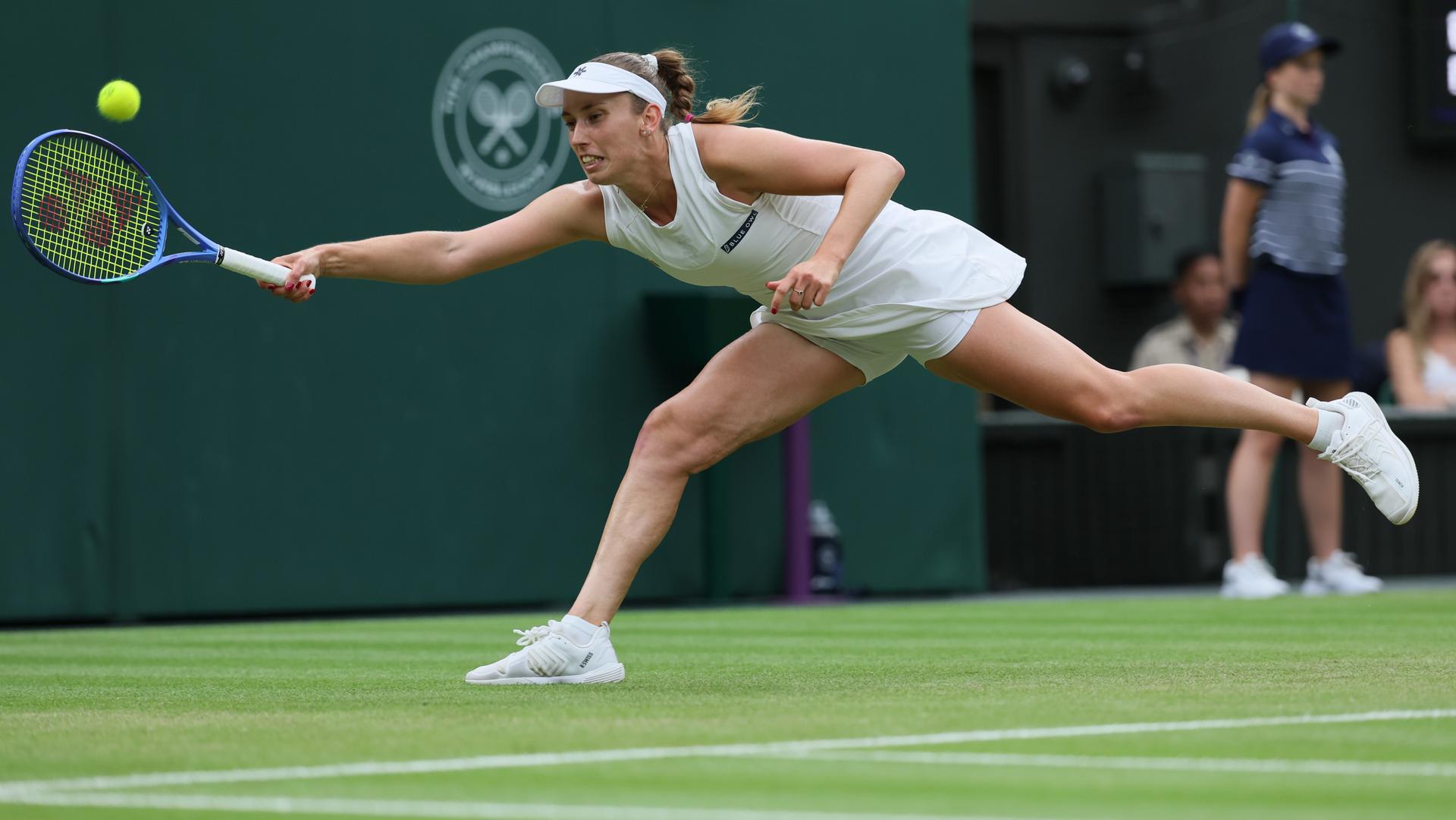 Belgian Elise Mertens pictured in action during a tennis match against Belarusian Sabalenka, in the round of 16 of the women's singles at the 2025 Wimbledon grand slam tournament, Sunday 06 July 2025 at the All England Tennis Club, in South-West London, Britain. BELGA PHOTO BENOIT DOPPAGNE