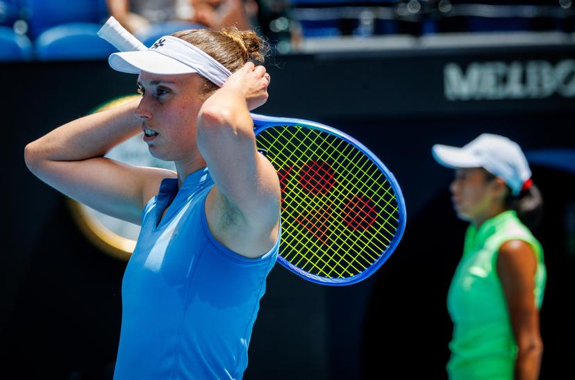 Belgian Elise Mertens (blue) and Chinese Shuai Zhang (yellow) pictured during a doubles tennis match between Belgian-Chinese pair Mertens-Zhang and Kazakh/Serbian pair Danilina/Krunic, in the final of the women doubles at the Australian Open, Melbourne Park, Melbourne on Saturday 31 January 2026. BELGA PHOTO PATRICK HAMILTON  --- BENELUX ONLY   ---