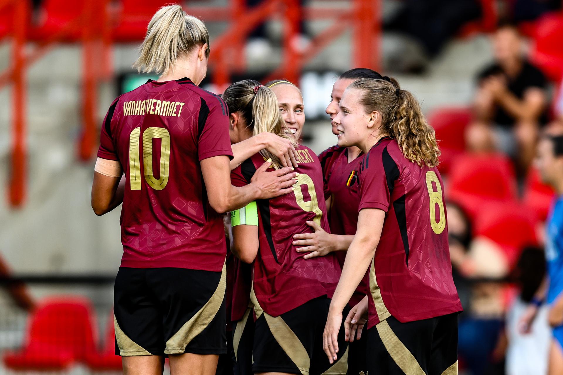 Belgium's Tessa Wullaert celebrates after scoring during a friendly soccer game between the national teams of Belgium (Red Flames) and Greece, on Thursday 26 June 2025 in Brussels. The Flames are preparing for the UEFA Women's Euro 2025 tournament, starting next week. BELGA PHOTO BRUNO FAHY