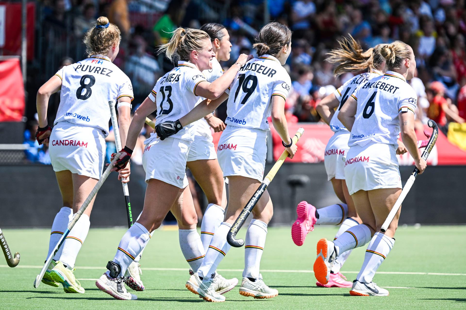 Belgium's Alix Gerniers and Belgium's Helene Brasseur celebrate after scoring during a hockey game between Belgian national team Red Panthers and India, match 13/16 in the group stage of the 2025 women's FIH Pro League, Saturday 21 June 2025 in Antwerp. BELGA PHOTO TOM GOYVAERTS