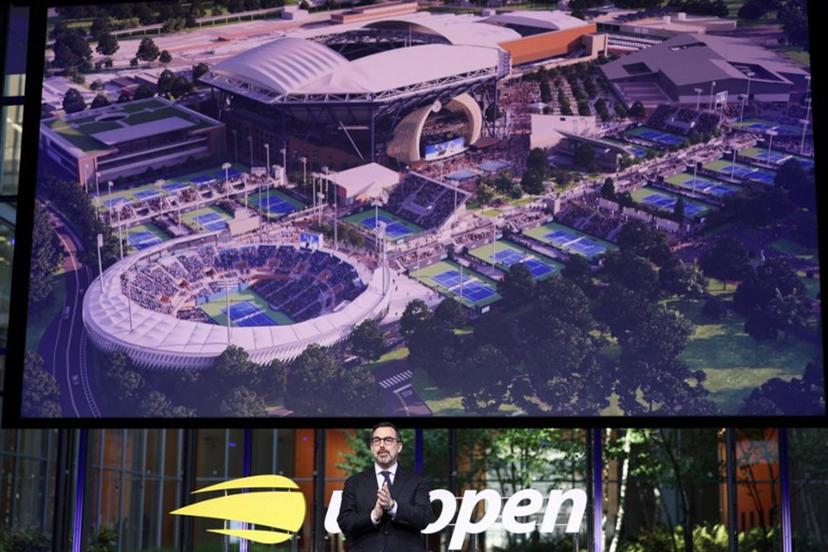 Lew Sherr, CEO and Executive Director of USTA, speaks during an event announcing the USTA's plans for renovations to the USTA Billie Jean King National Tennis Center and Arthur Ashe Stadium, at the Times Center in Manhattan, New York City on May 19, 2025.  CHARLY TRIBALLEAU / AFP