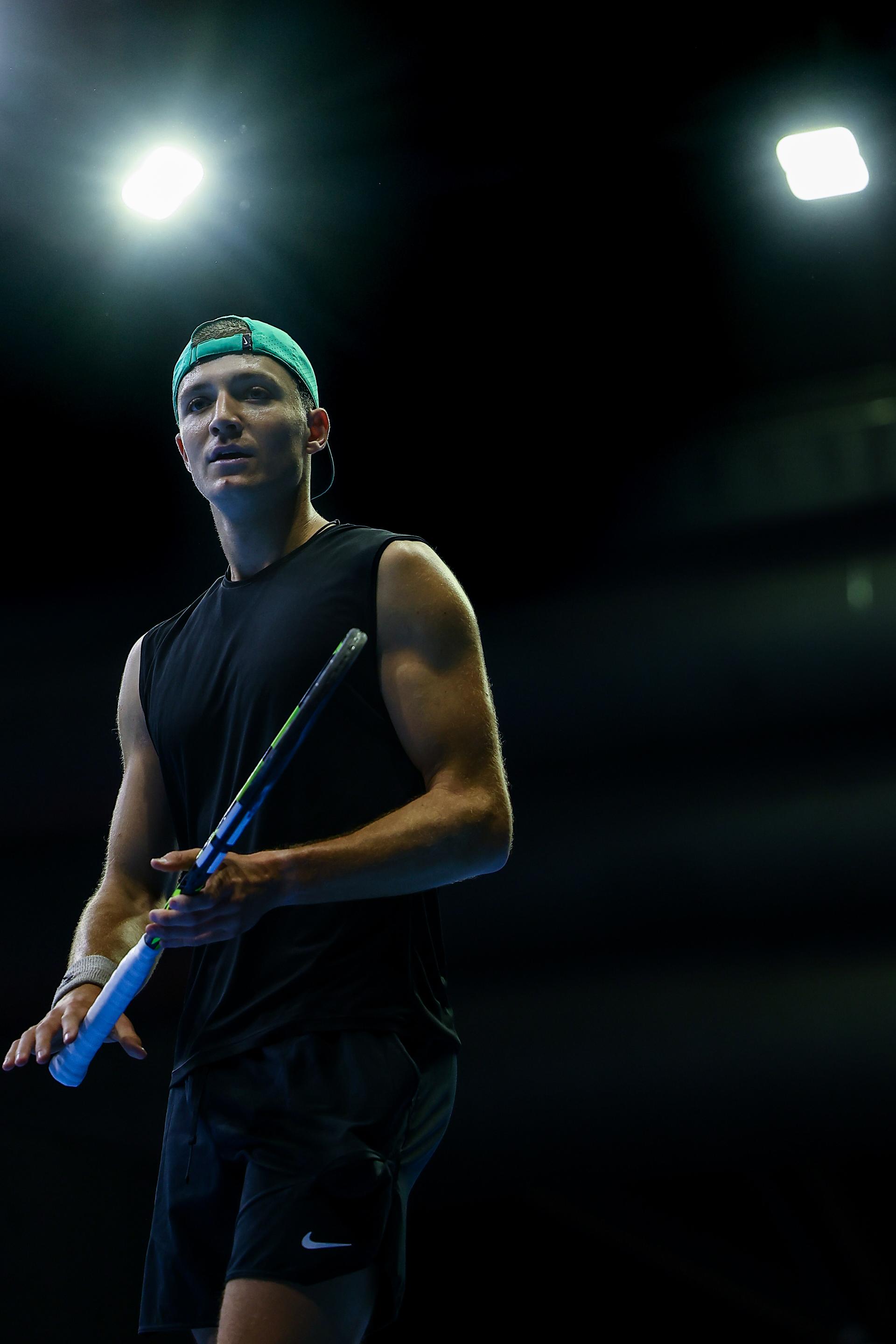 Belgian Tibo Colson pictured in action during the European Open ATP tennis tournament in Brussels, on Thursday 16 October 2025. This year's edition of the tournament is taking place from 12 to 19 October 2025. BELGA PHOTO DAVID PINTENS