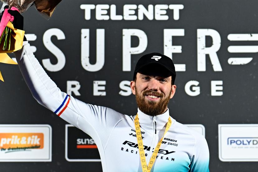 Dutch Joris Nieuwenhuis celebrates on the podium after winning the men's race of the Superprestige Merksplas cyclocross event, fourth stage (4/8) of the Superprestige cyclocross cycling competition, Saturday 15 November 2025, in Merksplas. BELGA PHOTO JASPER JACOBS