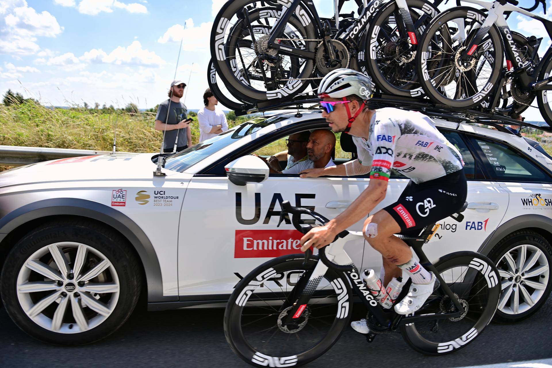 Portuguese Joao Almeida of UAE Team Emirates pictured in action during stage nine of the 2025 Tour de France cycling, from Chinon to Chateauroux (170 km), on Sunday 13 July 2025 in France. The 112th edition of the Tour de France starts on Saturday 5 July in Lille, France, and will finish in Paris, France on the 27th of July. BELGA PHOTO POOL  POOL PETE GODING