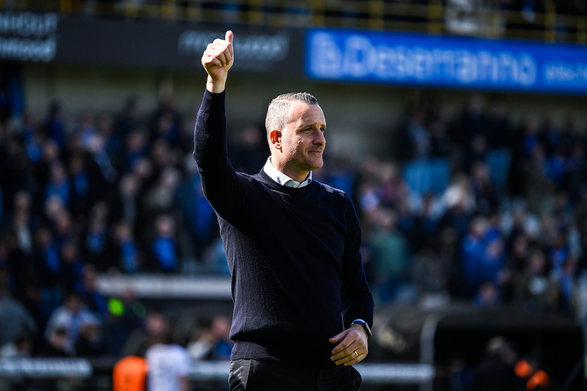 Club's head coach Nicky Hayen celebrates after winning a soccer match between Club Brugge and RSC Anderlecht, Sunday 30 March 2025 in Brugge, on day 1 (out of 10) of the Champions' Play-offs of the 2024-2025 'Jupiler Pro League' first division of the Belgian championship. BELGA PHOTO TOM GOYVAERTS