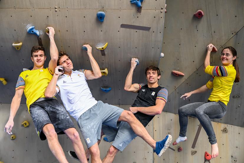 Belgian climber Hannes Van Duysen, Belgian Climber Nicolas Collin, Belgian climber Simon Lorenzi and Belgian climber Chloe Caulier poses for the photographer during a training camp organized by the BOIC-COIB Belgian Olympic Committee in Belek Turkey, Saturday 19 November 2022. The stage takes place from 12 to 27 November. BELGA PHOTO LAURIE DIEFFEMBACQ