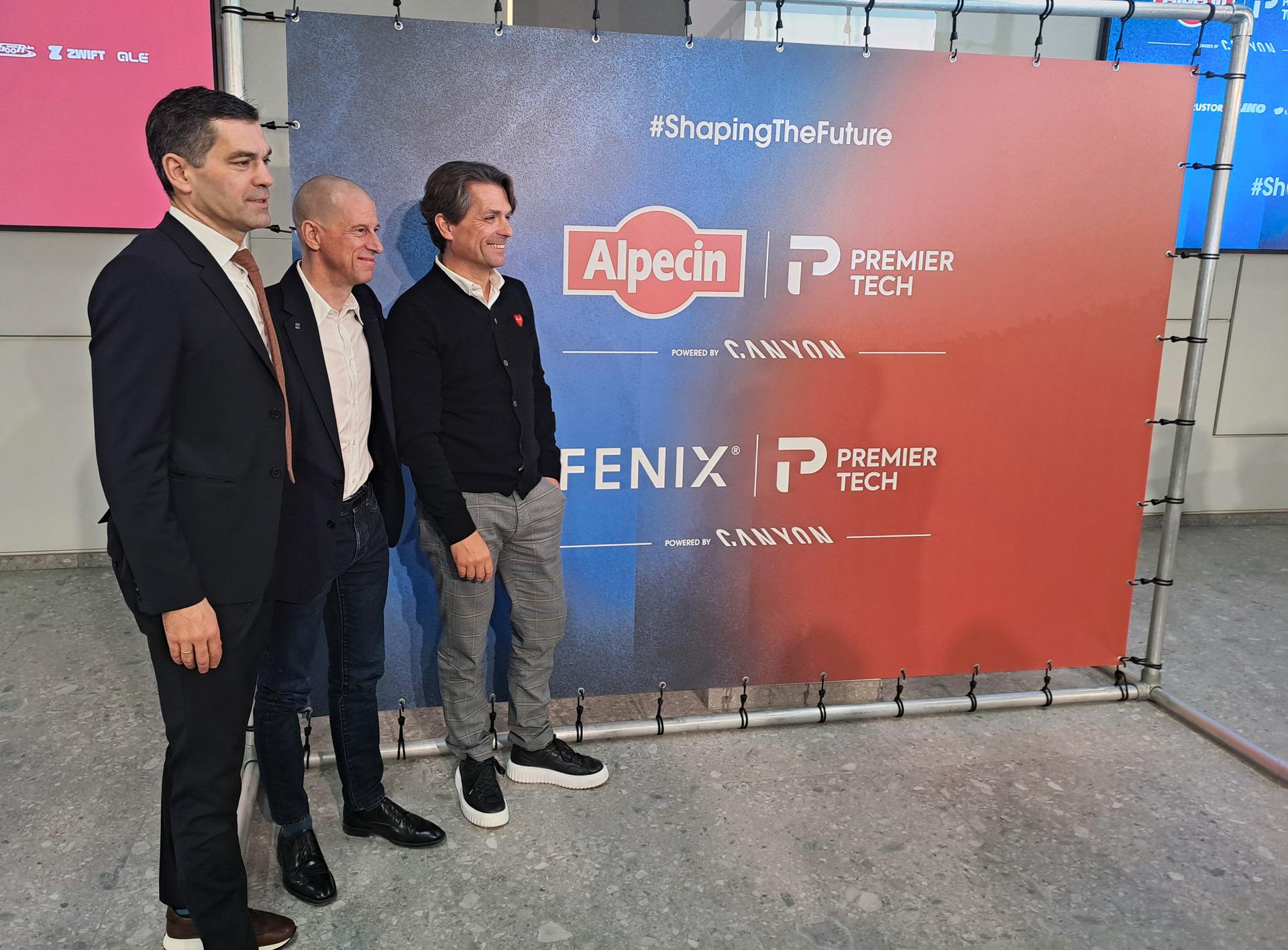 Alpecin-Deceuninck team manager Philip Roodhooft, Premier Tech CEO Jean Belanger and Alpecin-Deceuninck team manager Christoph Roodhooft pictured during a press conference of the Alpecin-Deceuninck and Alpecin-Fenix cycling team to announce their new sponsor Premier Tech, Friday 05 December 2025 in Antwerp. Premier Tech will replace Deceuninck as name sponsor of the Alpecin team from 2026. BELGA PHOTO TOON SACRE