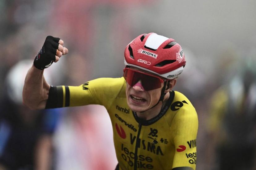 Team Visma-Lease a bike's Danish rider Jonas Vingegaard  celebrates as he crosses the finish line to win the second stage of the Vuelta a Espana, a 159,6 km race between Alba and Limone Piemonte, in Italy's Piemonte region, on August 24, 2025.    Marco BERTORELLO / AFP