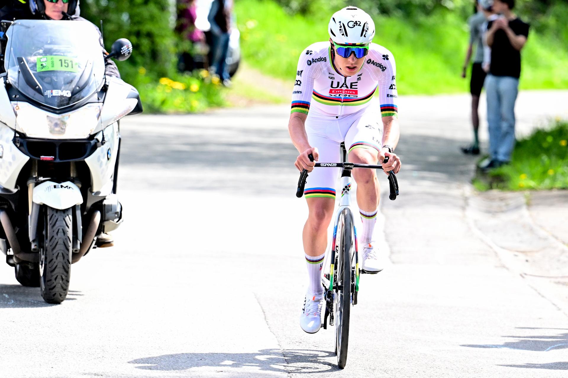 Slovenian Tadej Pogacar of UAE Team Emirates pictured in action during the men elite race of the Liege-Bastogne-Liege one day cycling event, 252km from Liege, over Bastogne to Liege, Sunday 27 April 2025. BELGA PHOTO MAARTEN STRAETEMANS