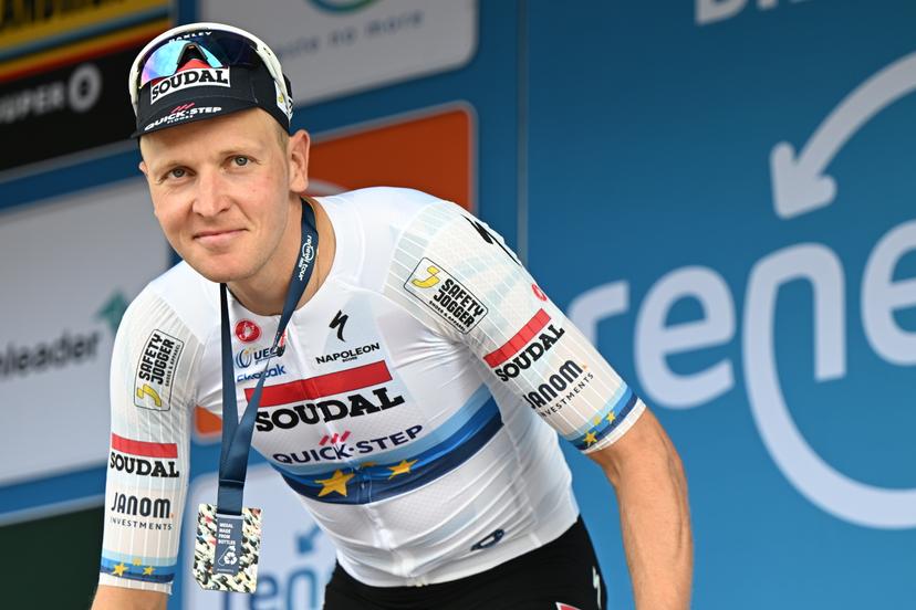 Belgian Tim Merlier of Soudal Quick-Step celebrates on the podium after winning the fourth stage of the 'Renewi Tour' multi-stage cycling race, from Riemst to Bilzen-Hoeselt (196 km) on Saturday 23 August 2025. The five-day race takes place in Belgium and the Netherlands.  BELGA PHOTO DAVID PINTENS