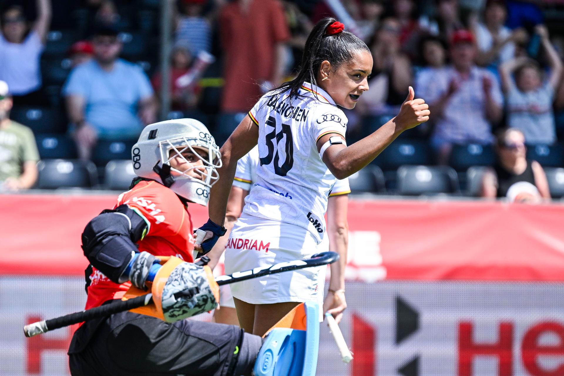 Belgium's Ambre Ballenghien reacts during a hockey game between Belgian national team Red Panthers and India, match 13/16 in the group stage of the 2025 women's FIH Pro League, Saturday 21 June 2025 in Antwerp. BELGA PHOTO TOM GOYVAERTS