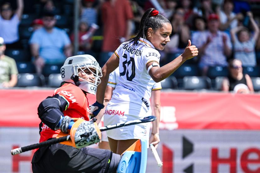 Belgium's Ambre Ballenghien reacts during a hockey game between Belgian national team Red Panthers and India, match 13/16 in the group stage of the 2025 women's FIH Pro League, Saturday 21 June 2025 in Antwerp. BELGA PHOTO TOM GOYVAERTS