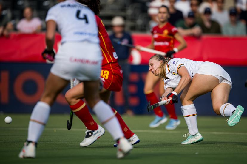 Belgium's Justine Rasir scores a goal during a hockey game between Belgian national team Red Panthers and Spain, match 11/16 in the group stage of the 2025 women's FIH Pro League, Tuesday 17 June 2025 in Antwerp. BELGA PHOTO JASPER JACOBS