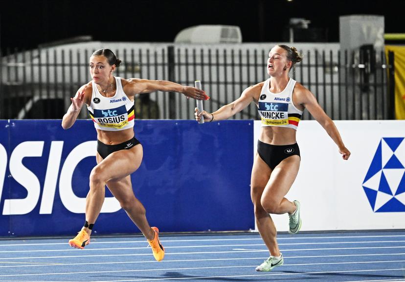 Belgian Rani Rosius and Belgian Rani Vincke pictured during the women's 4x100m heats at the IAAF World Athletics Relays, Saturday 04 May 2024, at the Thomas A. Robinson National Stadium in Nassau, The Bahamas. BELGA PHOTO ERIK VAN LEEUWEN