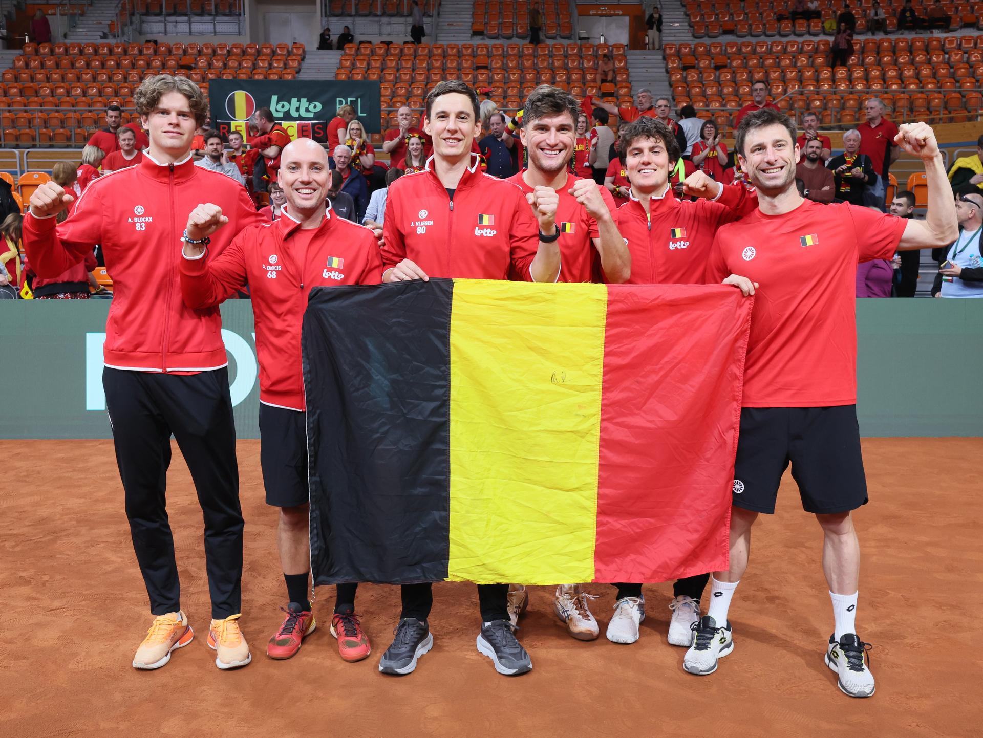 Belgian Alexander Blockx, Belgian captain Steve Darcis, Belgian Joran Vliegen, Belgian Raphael Collignon, Belgian Gilles-Arnaud Bailly and Belgian Sander Gille celebrate as they won during a singles tennis match against Bulgarian Ivanov, match 4 of the qualifier of the Davis Cup on Sunday 08 February 2026, in Plovdiv, Bulgaria. Belgium will compete this weekend in the Davis Cup qualifiers against Bulgaria. Belgian is leading 4-0. BELGA PHOTO BENOIT DOPPAGNE