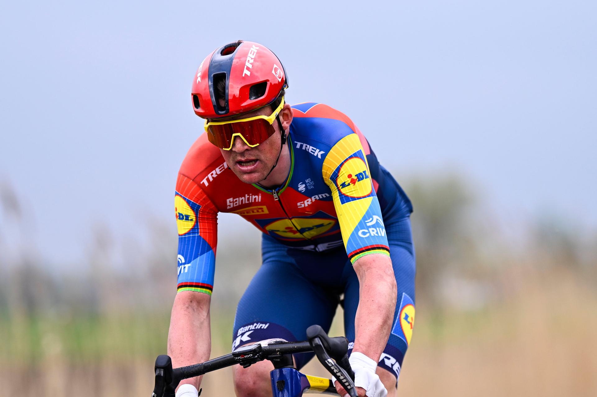 Danish Mads Pedersen of Lidl-Trek pictured in action during the men elite race of the 'Paris-Roubaix' one day cycling race, 259,2 km from Compiegne to Roubaix, France, on Sunday 13 April 2025. BELGA PHOTO JASPER JACOBS