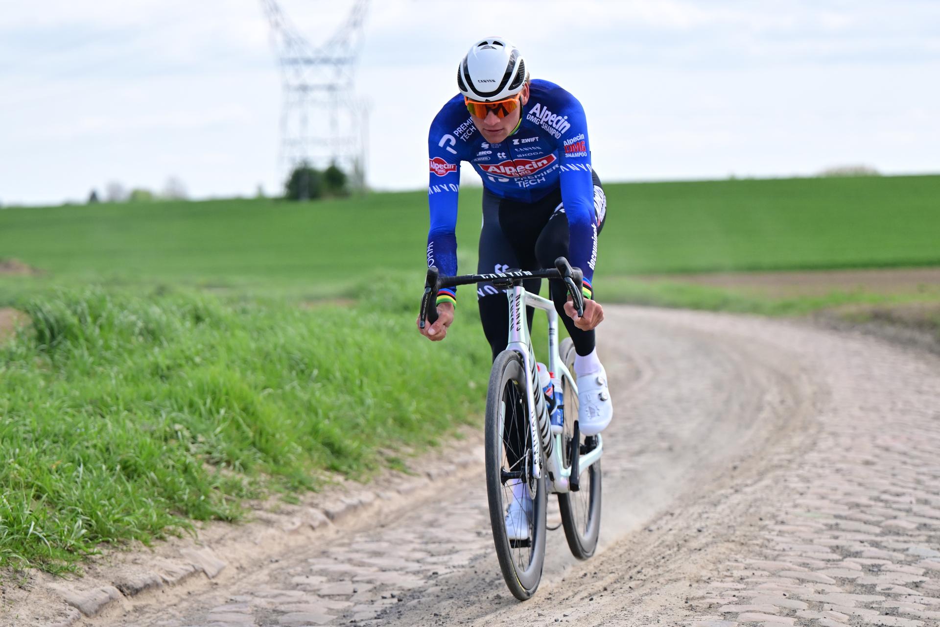 Dutch Mathieu van der Poel of Alpecin-Premier Tech pictured in action during the reconnaissance of the track ahead of this year's Paris-Roubaix cycling race, Friday 10 April 2026, around Roubaix, France. The 123rd edition of Paris-Roubaix cycling races will take on Sunday, with the women riding 143,1 km the men riding 258,3 km on Sunday. BELGA PHOTO DIRK WAEM