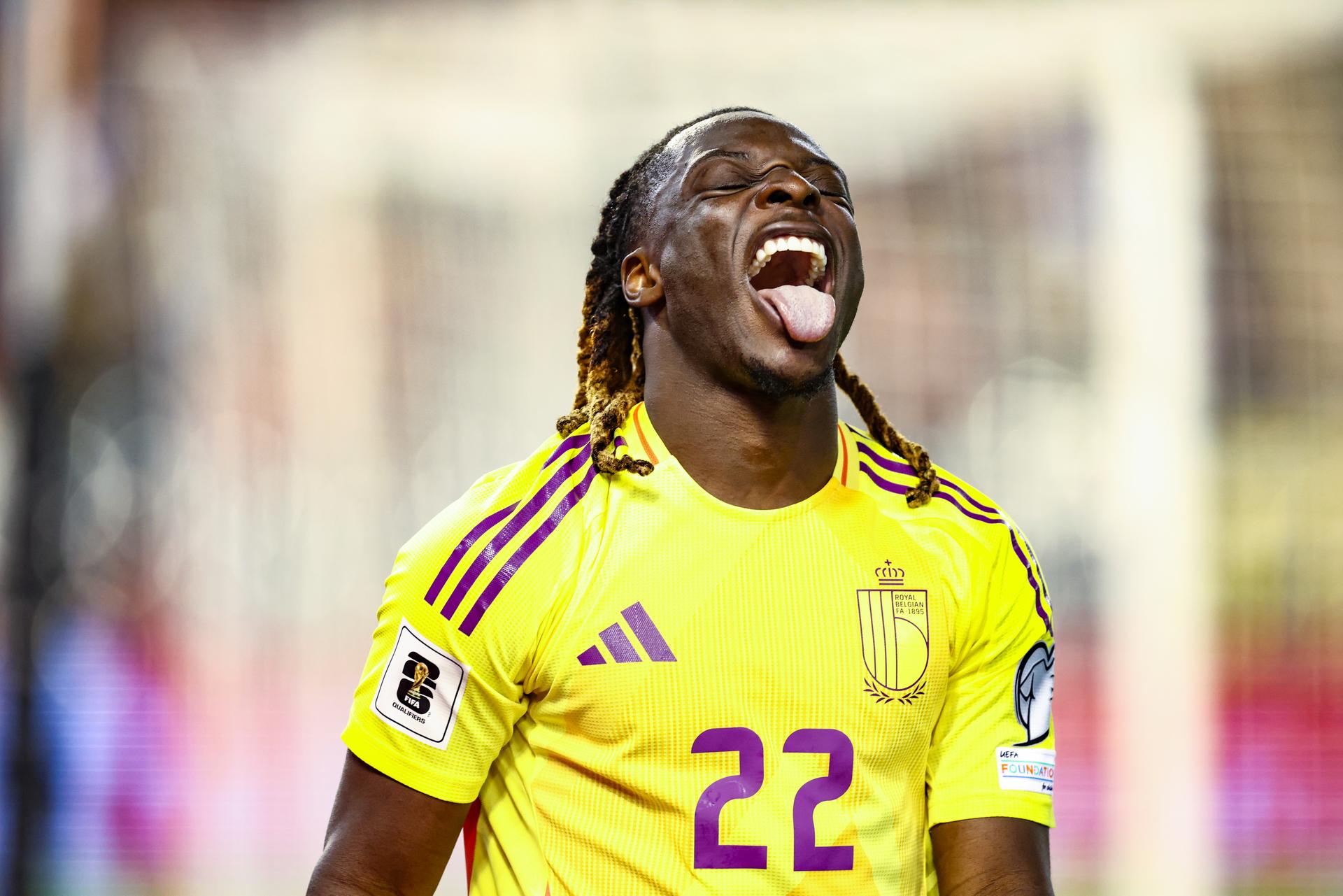 Belgium's Jeremy Doku reacts during a soccer game between Belgian national team Red Devils and Wales, Monday 09 June 2025 in Bussels, the second (out of 8) qualification games for the World Cup 2026. BELGA PHOTO BRUNO FAHY