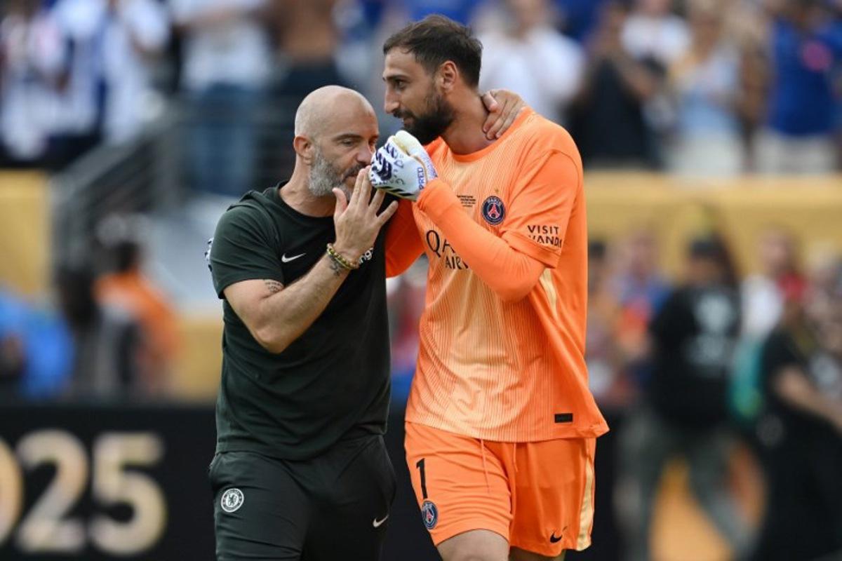 Chelsea's Italian head coach Enzo Maresca and Paris Saint-Germain's Italian goalkeeper #01 Gianluigi Donnarumma talk after the FIFA Club World Cup 2025 final football match between England's Chelsea and France's Paris Saint-Germain at the MetLife Stadium in East Rutherford, New Jersey on July 13, 2025.  ANGELA WEISS / AFP