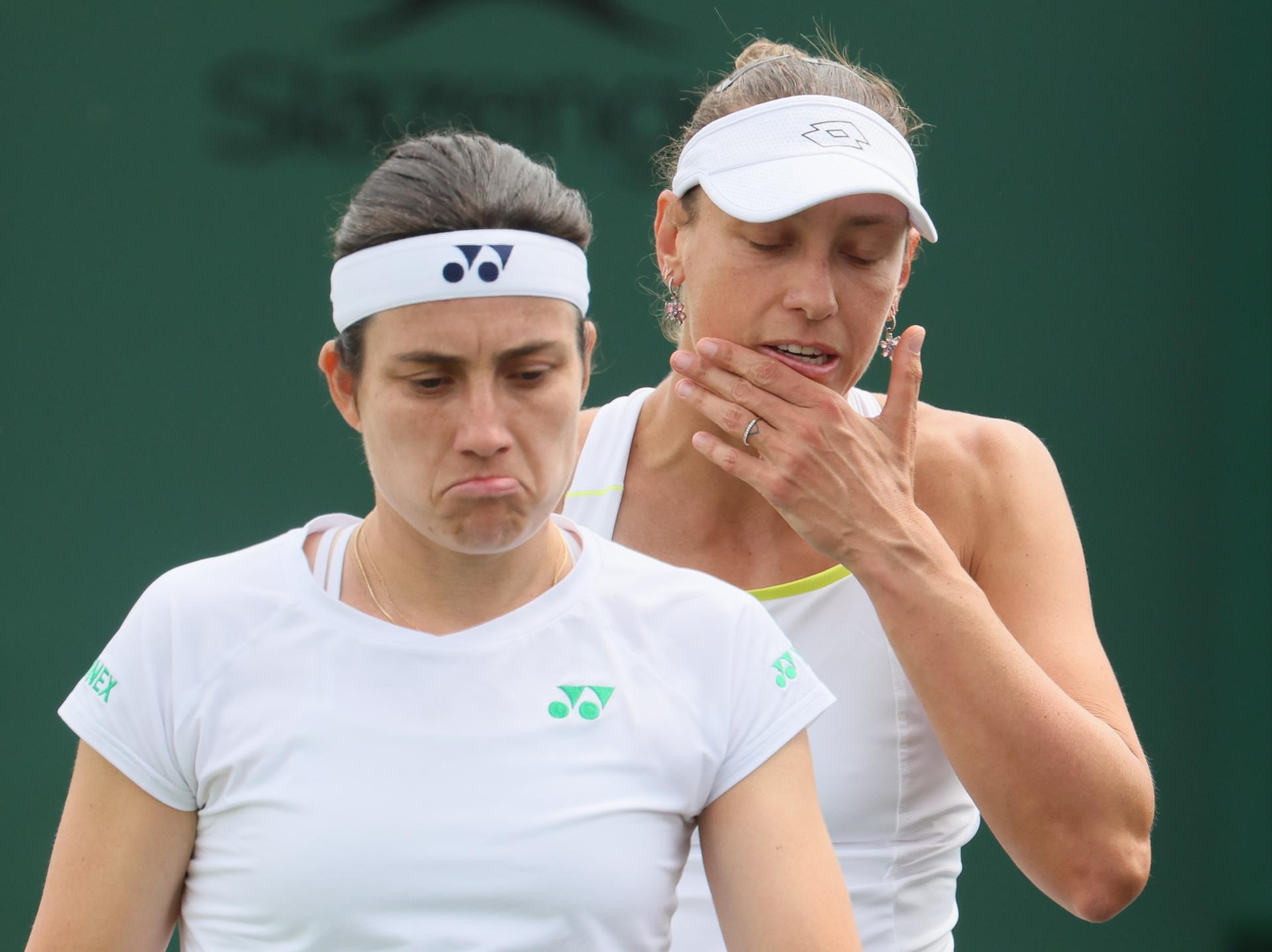 Latvian Anastasija Sevastova and Belgian Yanina Wickmayer pictured during a doubles tennis match against against Ukrainian-Romanian pair Kostyuk - Ruse, in the first round of the women's doubles at the 2025 Wimbledon grand slam tournament, Wednesday 02 July 2025 at the All England Tennis Club, in South-West London, Britain. BELGA PHOTO BENOIT DOPPAGNE