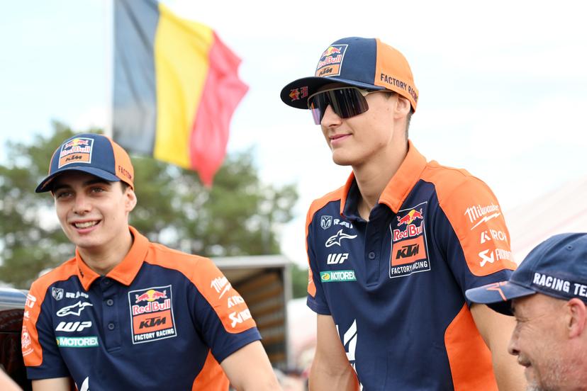 Belgian Sacha Coenen and Belgian Liam Everts pictured during the sixth stage (6 of 10) of the the Belgian Championships motocross, at Keiheuvel, in Balen, Thursday 15 August 2024. BELGA PHOTO MAARTEN STRAETEMANS