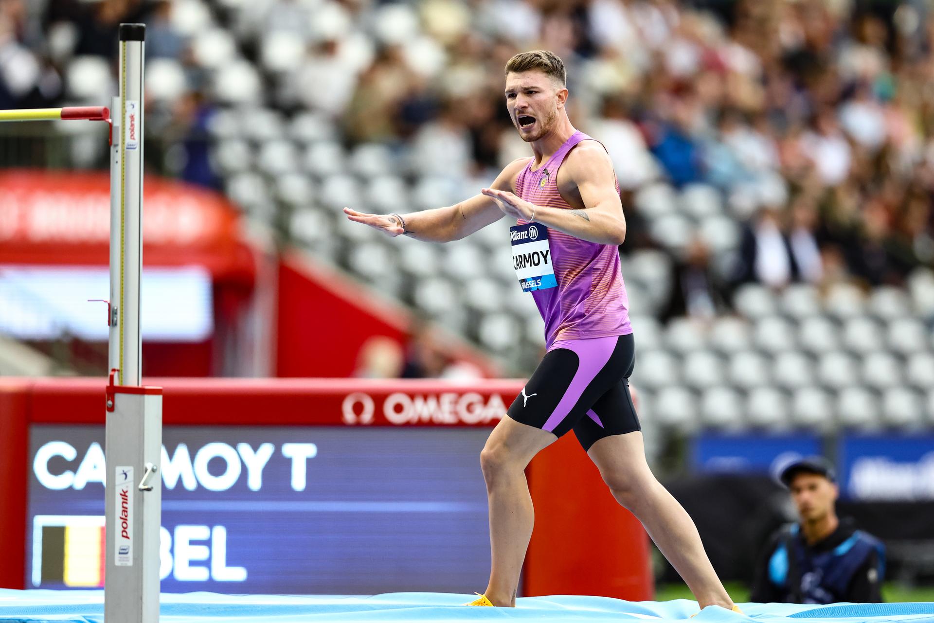 Belgian Thomas Carmoy celebrates during the 49th edition of the Memorial Van Damme Diamond League athletics event in Brussels, Friday 22 August 2025. BELGA PHOTO BRUNO FAHY