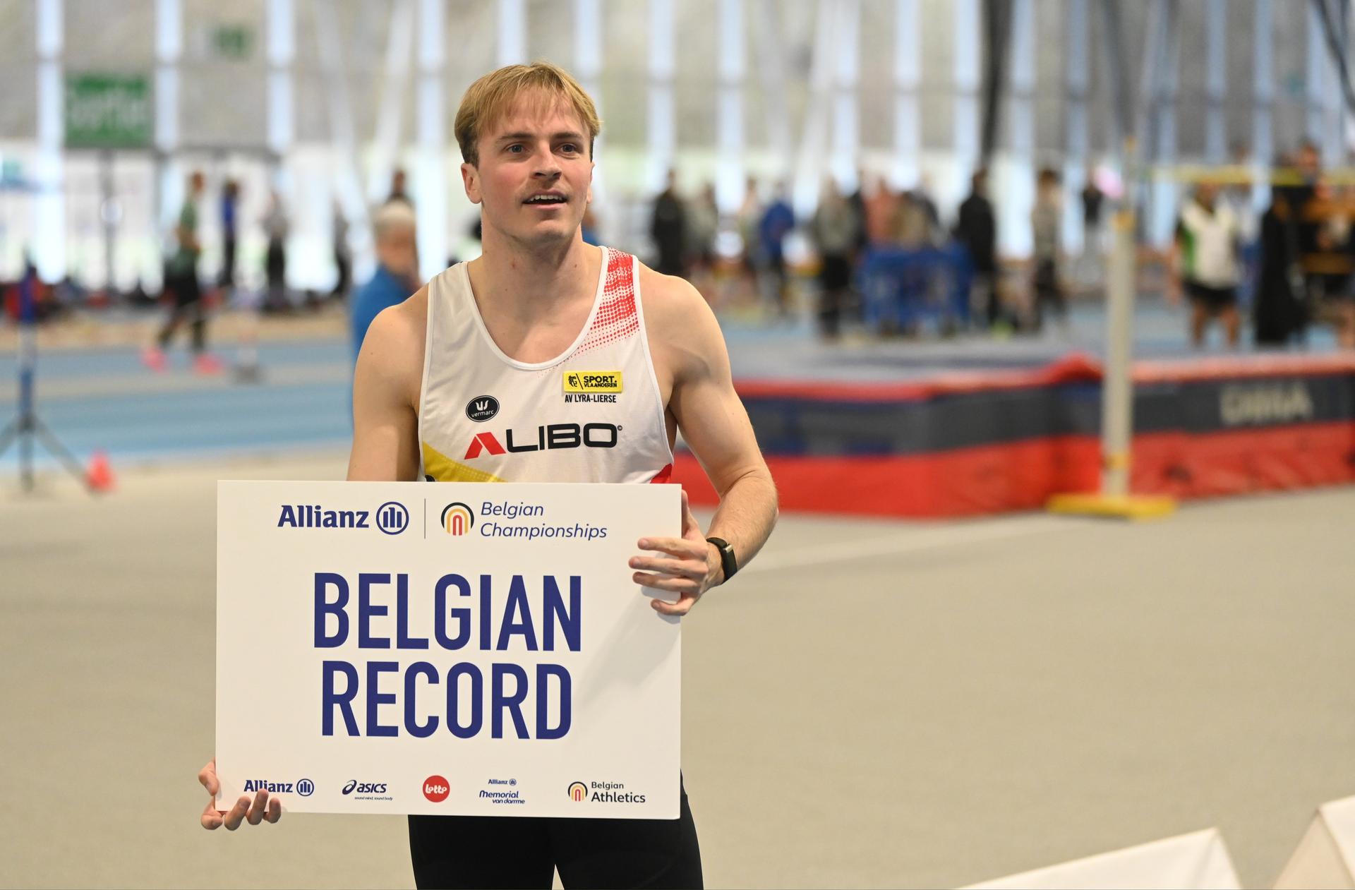 Belgian Simon Verherstraeten celebrate his new Belgian record 6' 52 in the final of the men's 60m, at the Belgian indoor athletics championships, on Sunday 01 March 2026 in Louvain-la-Neuve. BELGA PHOTO ELIAS ROM