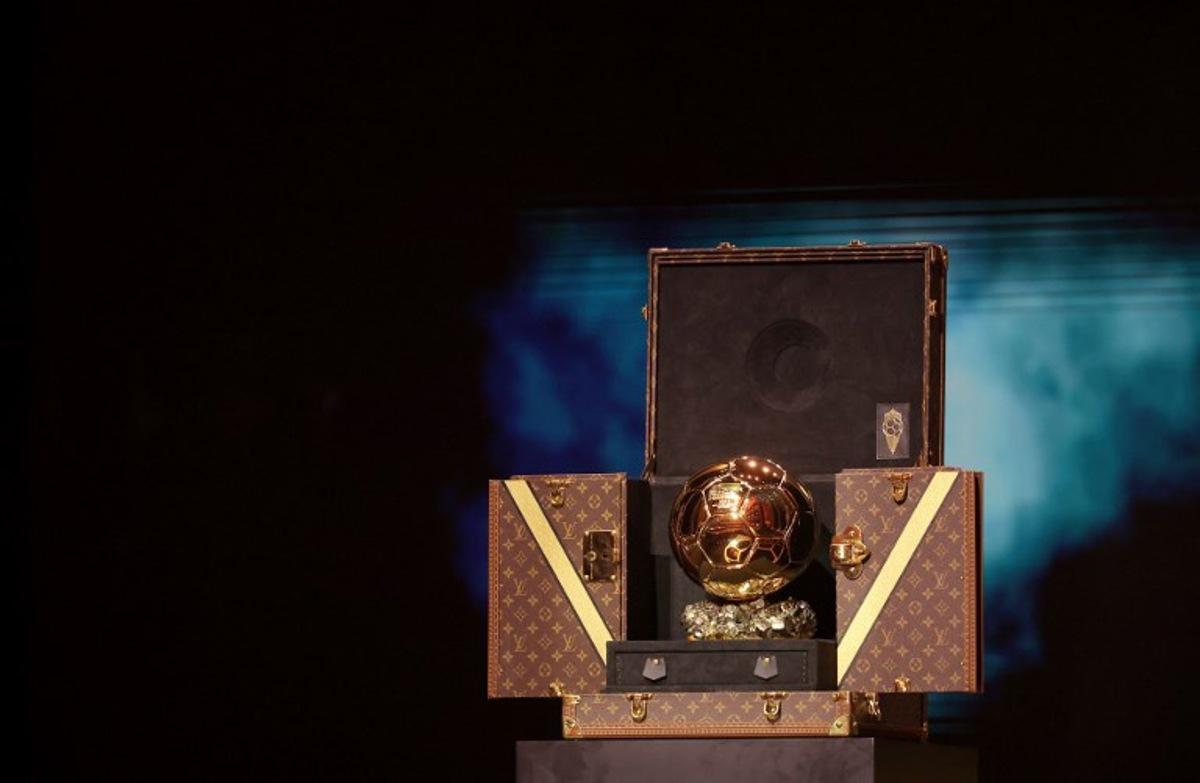 This photograph taken on October 30, 2023, shows the Ballon d'Or award displayed during the 2023 Ballon d'Or France Football award ceremony at the Theatre du Chatelet in Paris.   FRANCK FIFE / AFP