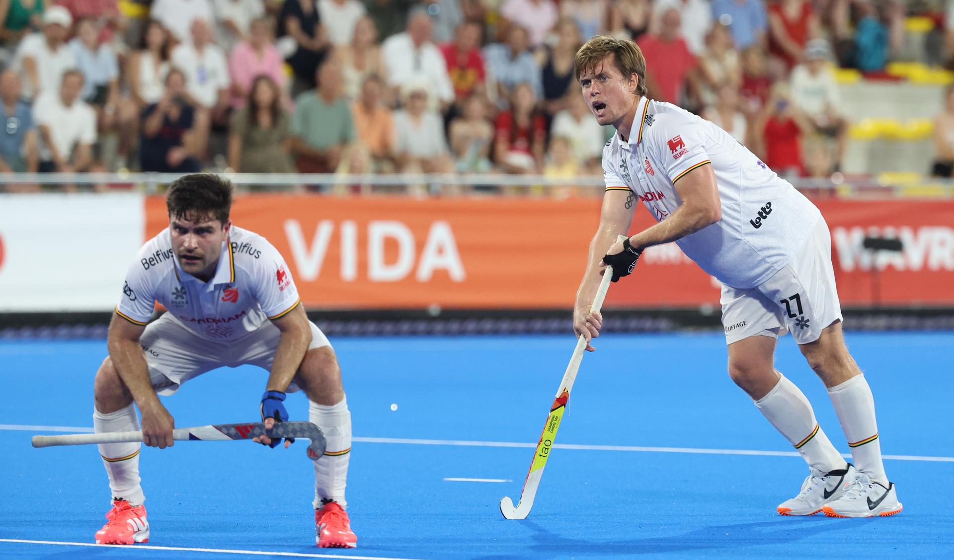 Belgium's Tom Boon and pictu a hockey game between Belgian national team Red Lions and Netherlands, Wednesday 24 June 2026 in Wavre, match 13/16 in the group stage of the men's FIH Pro League competition. BELGA PHOTO VIRGINIE LEFOUR