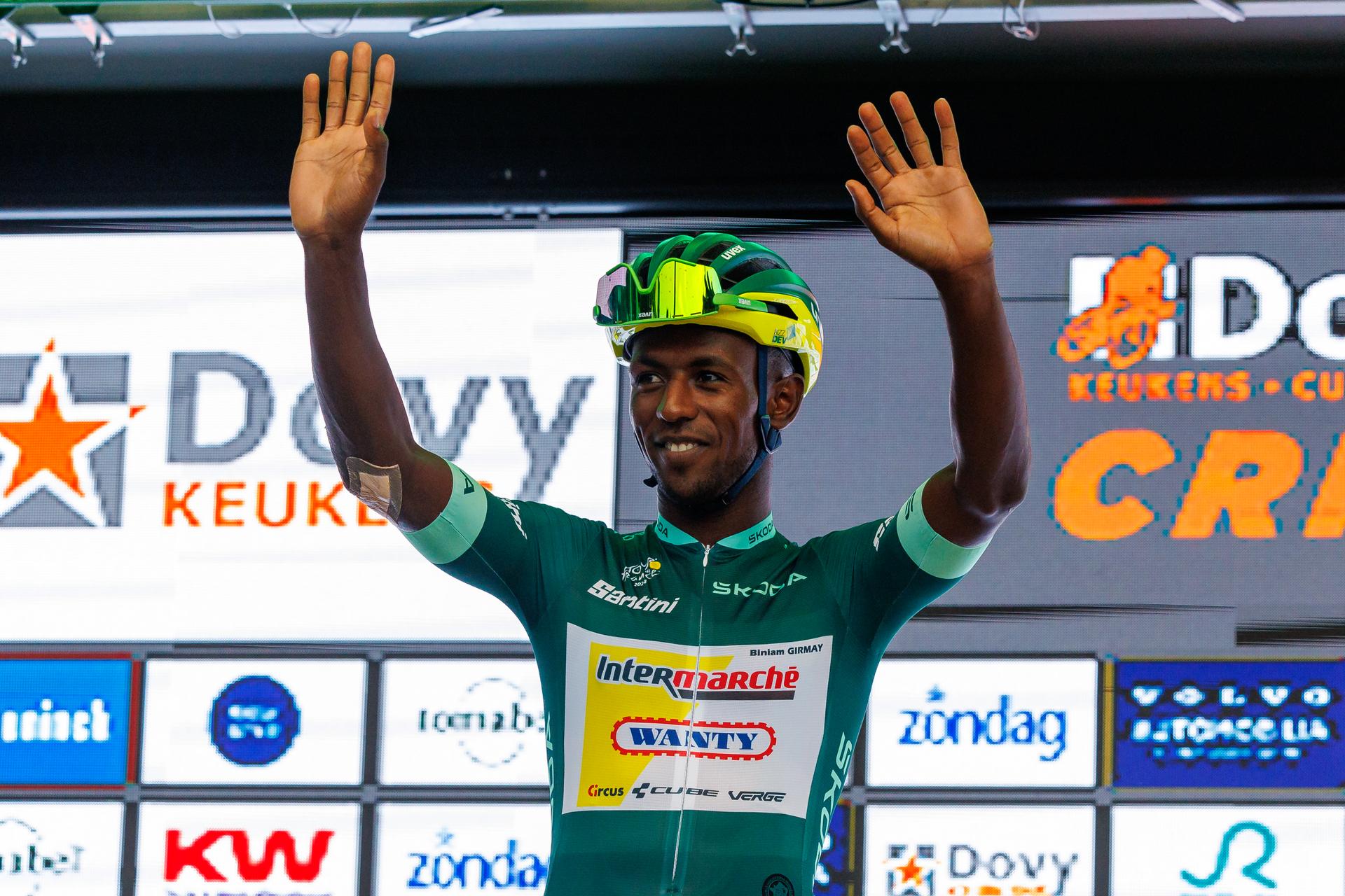 Eritrean Biniam Girmay Hailu of Intermarche-Wanty celebrates on the podium of the 'Natourcriterium Roeselare' cycling event, Tuesday 23 July 2024 in Roeselare. The traditional 'criteriums' are local showcases for which mainly cyclists who rode the Tour de France are invited. BELGA PHOTO KURT DESPLENTER