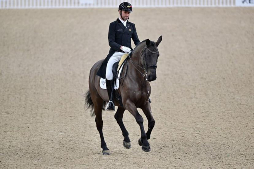 Belgium's Domien Michiels is pictured on the horse Intermezzo van het Meerdaalhof during the FEI Dressage World Cup Grand Prix at the Gothenburg Horse Show at the Scandinavium Arena in Gothenburg, Sweden, on February 21, 2025.   Bjorn LARSSON ROSVALL / TT NEWS AGENCY / AFP