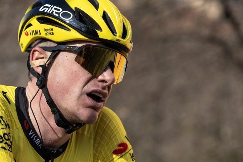 Second-placed Team Visma Lease a Bike, British Ben Tulett reacts after crossing the finish line of the 106th edition of the one-day classic cycling race Milan - Torino between Rho, west of Milan, and Superga, east of Torino, on March 19, 2025.  MARCO BERTORELLO / AFP