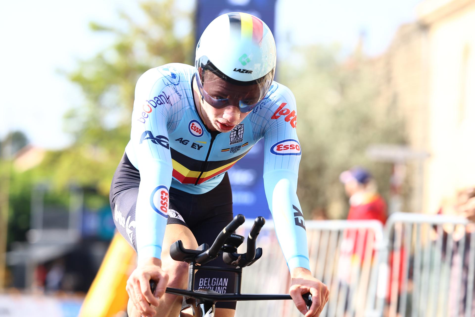 Belgian Thibaut Van Damme pictured in action during the 24 km time trial of the men junior category at the UEC road European cycling championships, Wednesday 01 October 2025, in Loriol-sur-Drome, France. The European cycling championships Drome-Ardeche takes place from 1 to 5 October, France. BELGA PHOTO DAVID PINTENS
