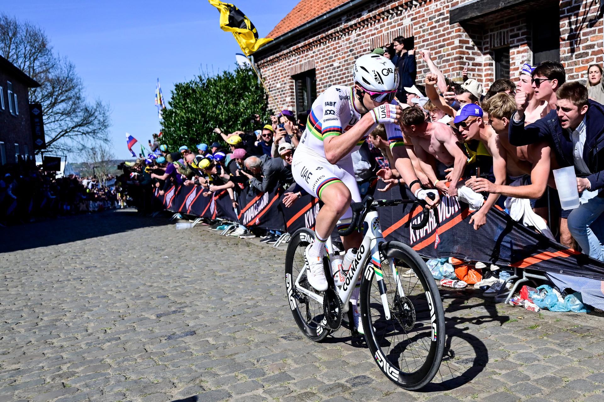 Slovenian Tadej Pogacar of UAE Team Emirates pictured in action on Oude Kwaremont during and  the men's race of the 'Ronde van Vlaanderen/ Tour des Flandres/ Tour of Flanders' one day cycling race, 268,9km from Brugge to Oudenaarde, Sunday 06 April 2025. BELGA PHOTO DIRK WAEM