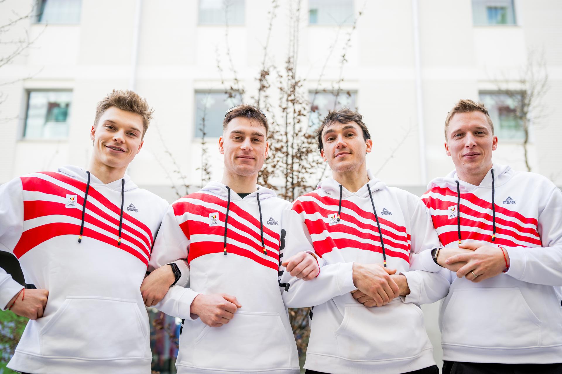 Belgian shorttrack skater Warre Van Damme, Belgian shorttrack skater Adriaan Dewagtere, Belgian shorttrack skater Stijn Desmet and Belgian shorttrack skater Ward Petre pose for the photographer at a press conference at the Milano Cortina 2026 Olympic Winter Games, on Sunday 15 February 2026 in Milan, Italy. The XXV Winter Olympics take place from 6 to 22 February 2026 in Italy. BELGA PHOTO JASPER JACOBS