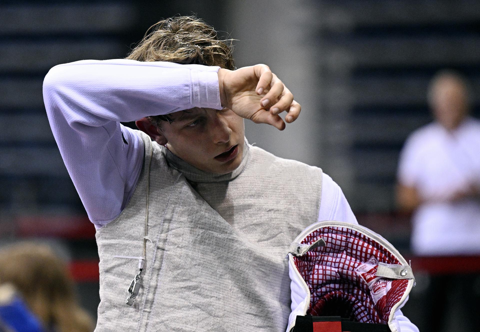 Fencing Athlete Oscar Geudvert reacts during a fight in the men's foil competition, at the European Games in Krakow, Poland on Monday 26 June 2023. The 3rd European Games, informally known as Krakow-Malopolska 2023, is a scheduled international sporting event that will be held from 21 June to 02 July 2023 in Krakow and Malopolska, Poland. BELGA PHOTO LAURIE DIEFFEMBACQ