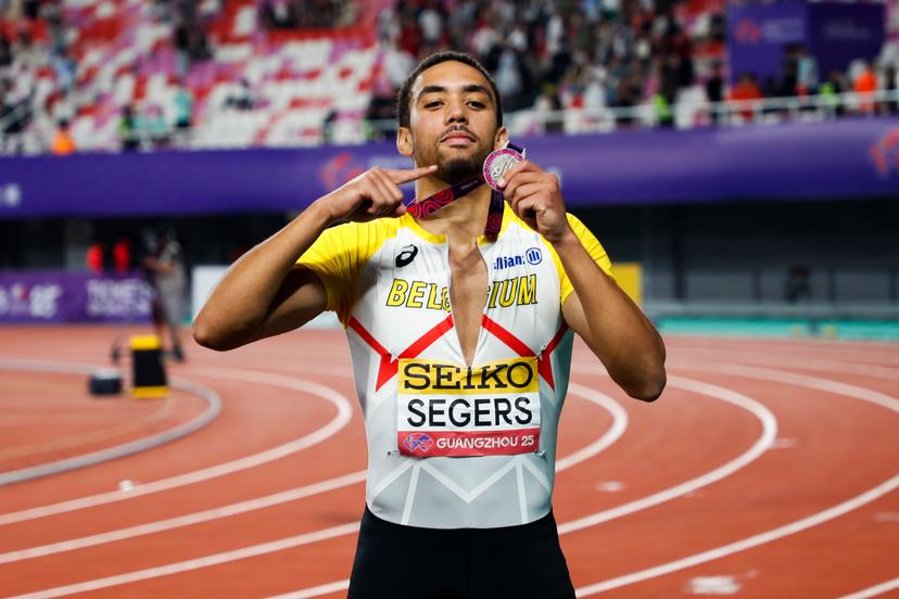 Belgian Daniel Segers posing for photographers after the men's 4x100m relay final race, at the world relay championships, on Saturday 10 May 2025 in Guangzhou, China. The world relay championships in Guangzhou take place from 10 to 11 May. BELGA PHOTO NIKOLA KRSTIC