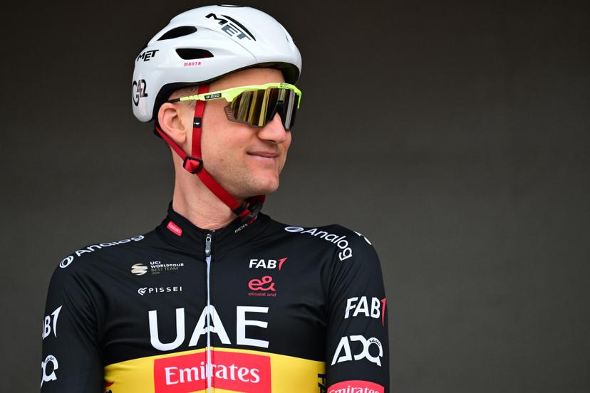 Belgium's Tim Wellens of UAE Team Emirates-XRG pictured during the team presentation at the start of the 78th edition of the men elite race of the Kuurne-Brussels-Kuurne one day cycling race, 195 km from Kuurne to Kuurne via Brussels, Sunday 01 March 2026.  BELGA PHOTO DIRK WAEM