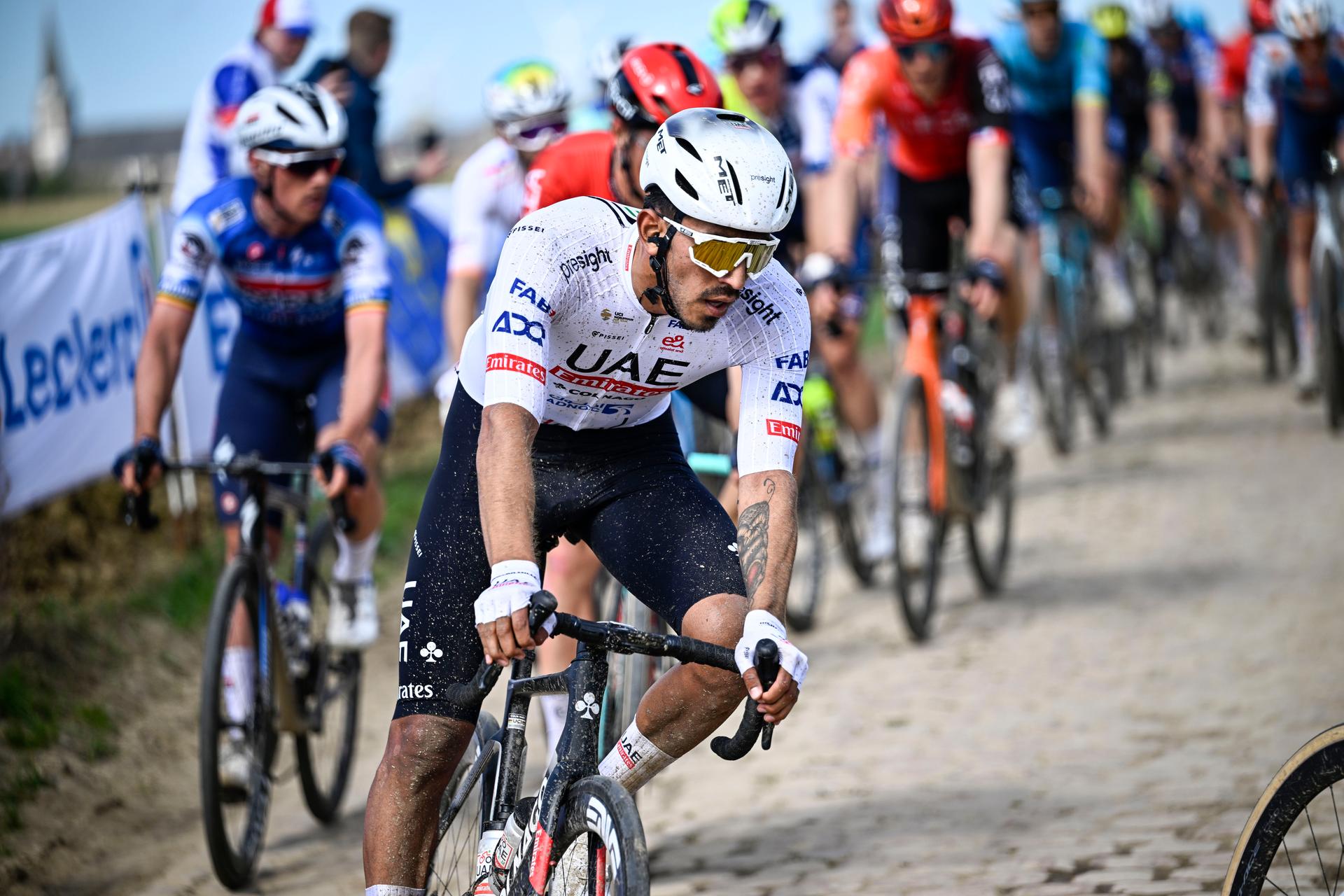 Colombian Juan Sebastian Molano of UAE Team Emirates pictured in action during the men's elite race of the 'Paris-Roubaix' cycling event, 260,0km from Compiegne to Roubaix, France on Sunday 7 April 2024. BELGA PHOTO JASPER JACOBS