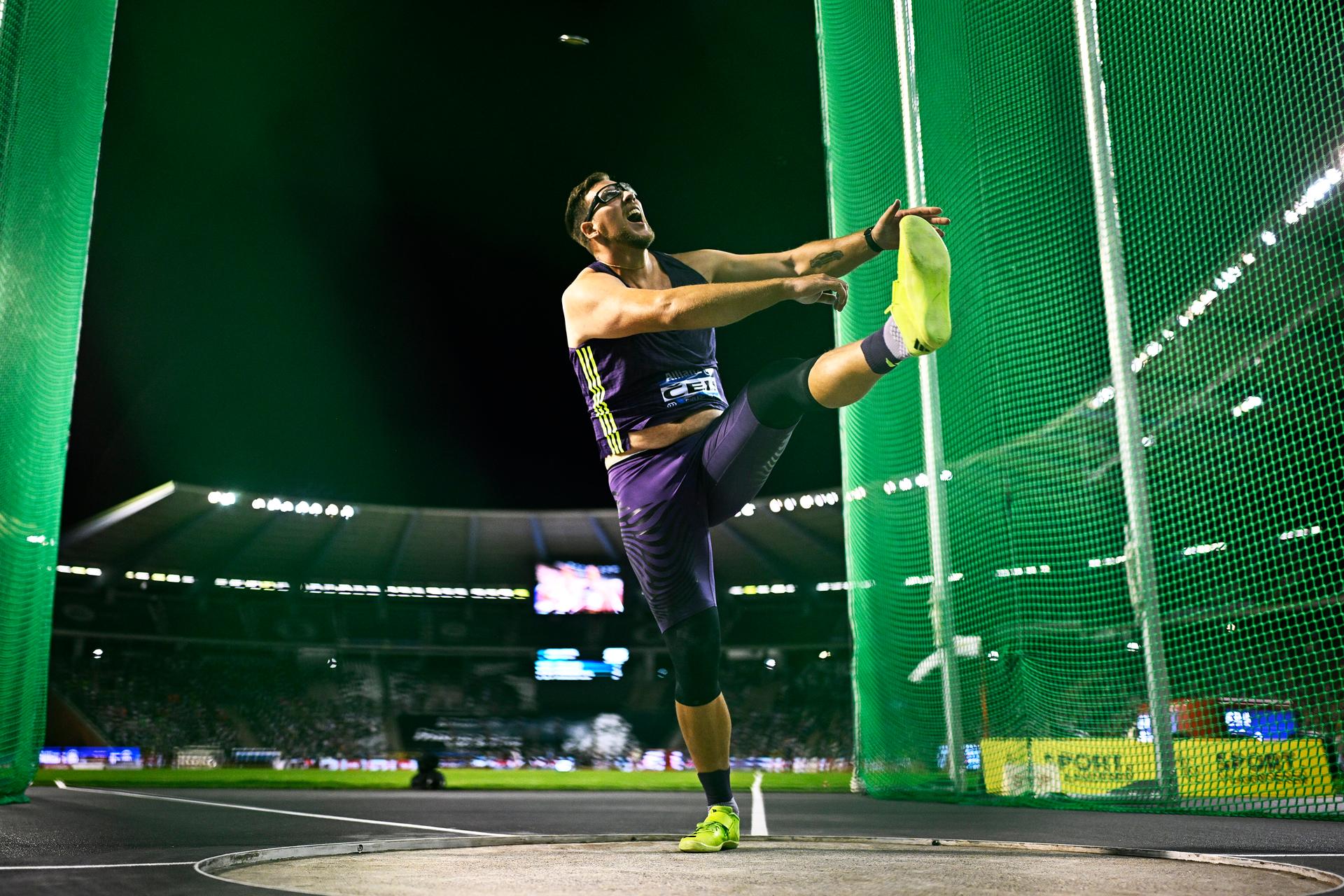 Slovenian Kristjan Ceh pictured in action during the discus throw event, at the 50th edition of the Memorial Van Damme Diamond League athletics event in Brussels, Friday 4 September 2026.  BELGA PHOTO JASPER JACOBS