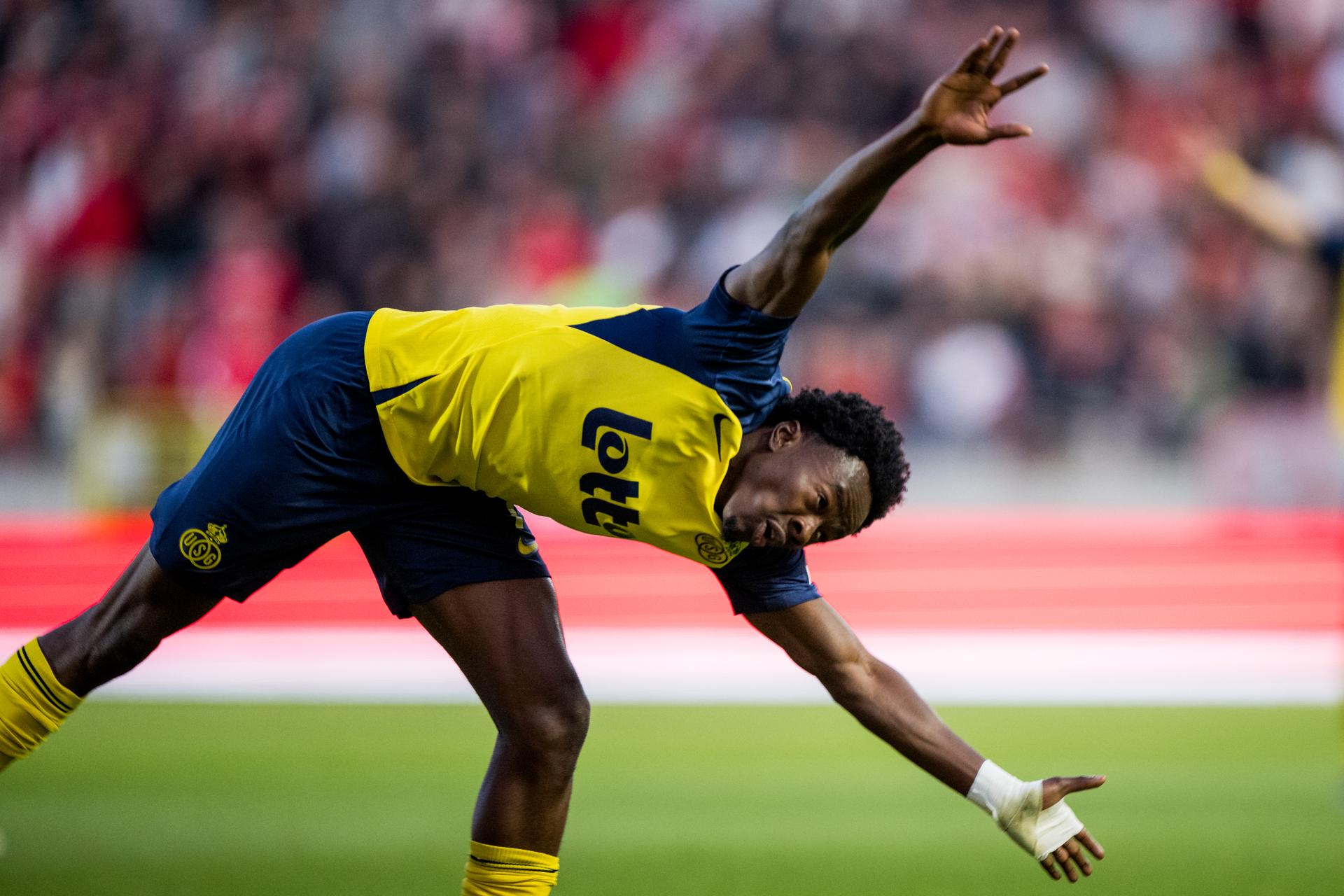 Union's Mohammed Fuseini celebrates after scoring during a soccer match between Royal Antwerp FC and Union Saint-Gilloise, Saturday 17 May 2025 in Brussels, on day 9 (out of 10) of the Champions' Play-offs of the 2024-2025 'Jupiler Pro League' first division of the Belgian championship. BELGA PHOTO JASPER JACOBS