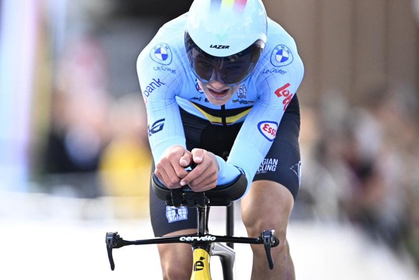 Belgian Matisse Van Kerckhove pictured in action during the Junior Men individual time trial race at the 2024 UCI Road and Para-Cycling Road World Championships, Monday 23 September 2024, in Zurich, Switzerland. The Worlds are taking place from 21 to 29 September. BELGA PHOTO JASPER JACOBS