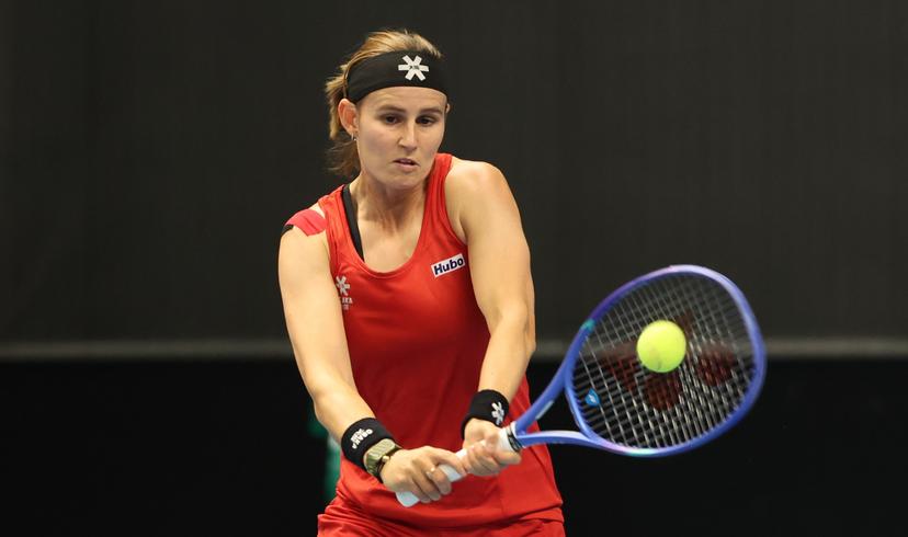 Belgian Greet Minnen pictured in action during a tennis match between Belgian Minnen and French Gracheva, on Friday 11 April 2025, the second game in the Promotion Play-offs between Belgium and France in the Europe/Africa Group I of the Billie Jean King Cup tennis, in Vilnius, Lithuania. PHOTO VIRGINIE LEFOUR